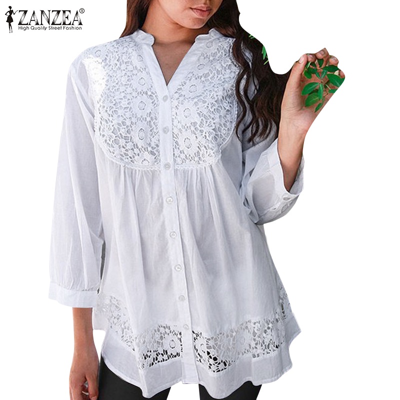 Zanzea Áo Sơ Mi Tay Dài Phối Ren Thanh Lịch Cho Nữ