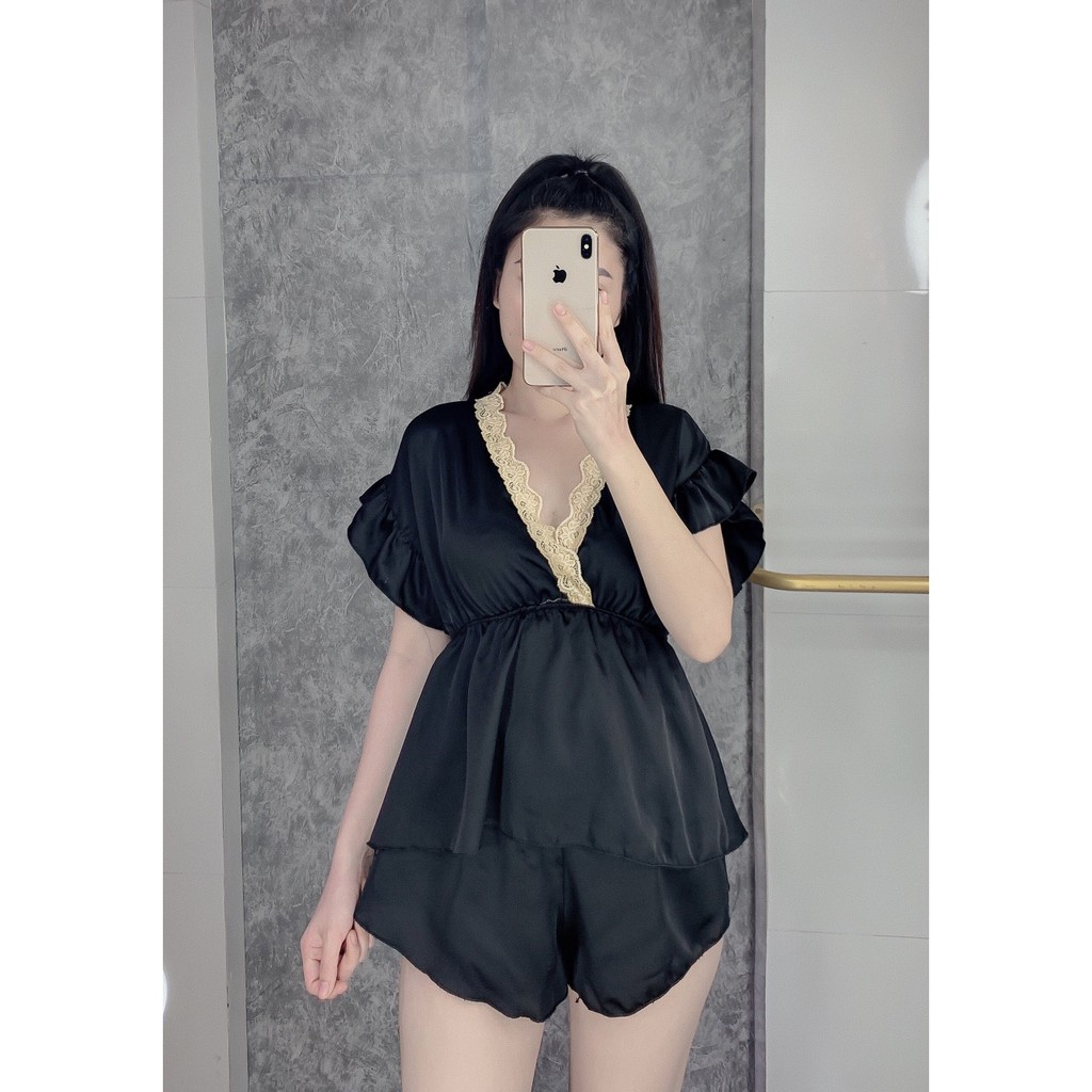 Đồ ngủ sexy áo cổ V quần đùi chất satin mặc ngủ thoải mái freesize - Linqu Sleepwear