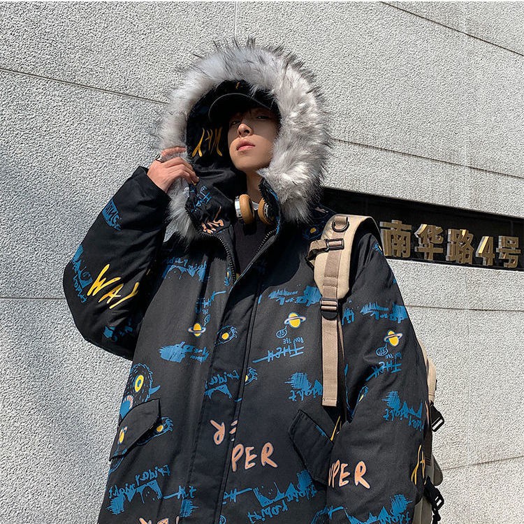 Áo khoác cotton dáng rộng phối cổ lông cỡ lớn thời trang hip hop mùa đông 2020 cho nam nữ | BigBuy360 - bigbuy360.vn