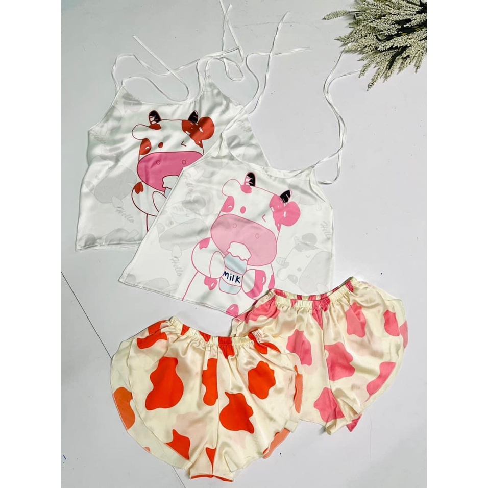 Đồ Ngủ Bò Sữa 2 Dây Chất Satin Mềm Mại Dễ Thương Freesize - Linqu Sleepwear
