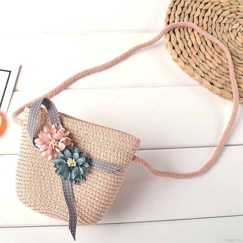 Túi rơm đeo vai đính hoa và dây ruy băng nhiều màu sắc phong cách Hàn Quốc cho bé gái