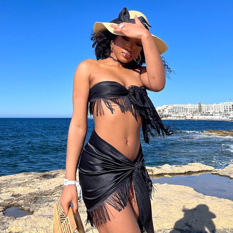 Set Áo Ống Màu Trơn Phối Tua Rua + Chân Váy Phong Cách Mùa Hè Mới