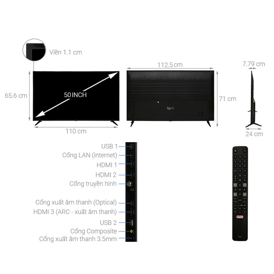 Smart Tivi TCL 50 inch UHD 4K L50P65-UF Youtube, Wifi, Chiếu màn hình điện thoại, Tivi Giá Rẻ - Bảo Hành 3 Năm