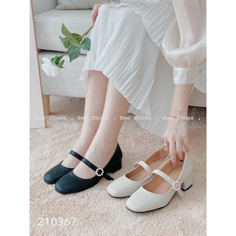 BEESHOES - GIÀY BÚP BÊ NỮ MŨI VUÔNG QUAI NGANG - GIÀY BÚP BÊ NỮ MŨI VUÔNG GÓT VUÔNG CAO 4 PHÂN SẴN MÀU ĐEN - KEM 210367