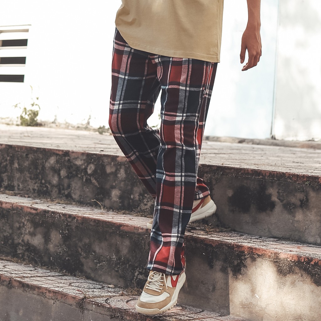 Quần Thun Baggy Ống Suông Rộng Lưng Thun Caro Chất Liệu Cotton Form Unisex Màu Đỏ