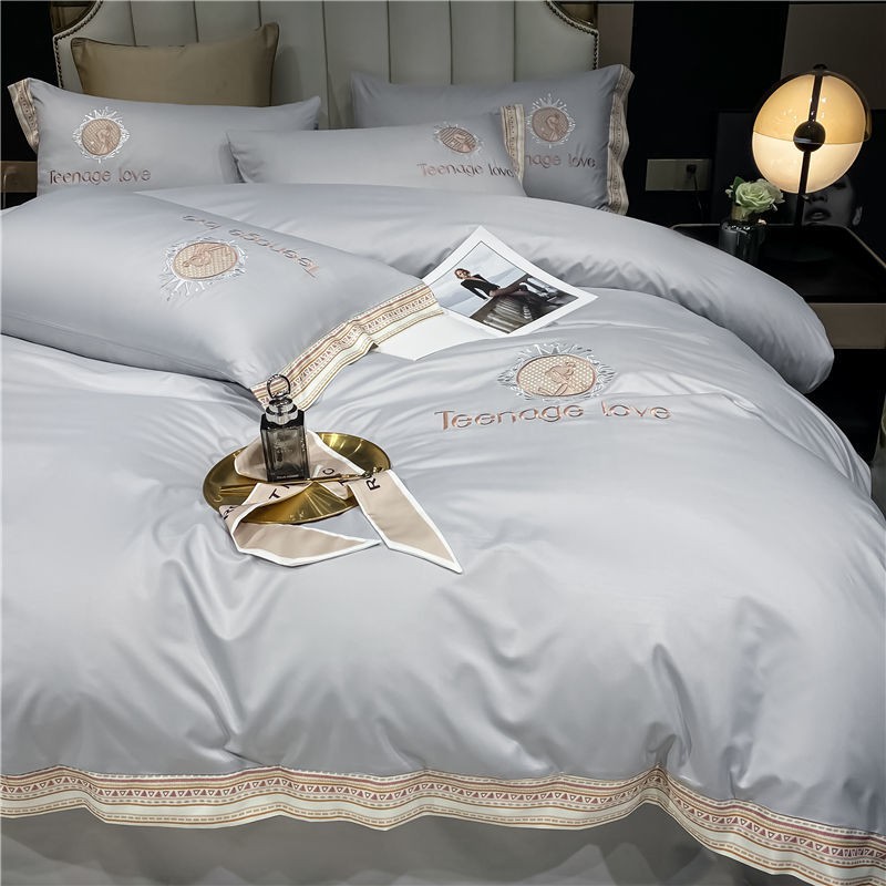 Bộ bốn mảnh thêu phong cách Bắc Âu trên giường lụa băng đã giặt hai mặt, ga trải mềm mại, chăn bông màu nude mùa h