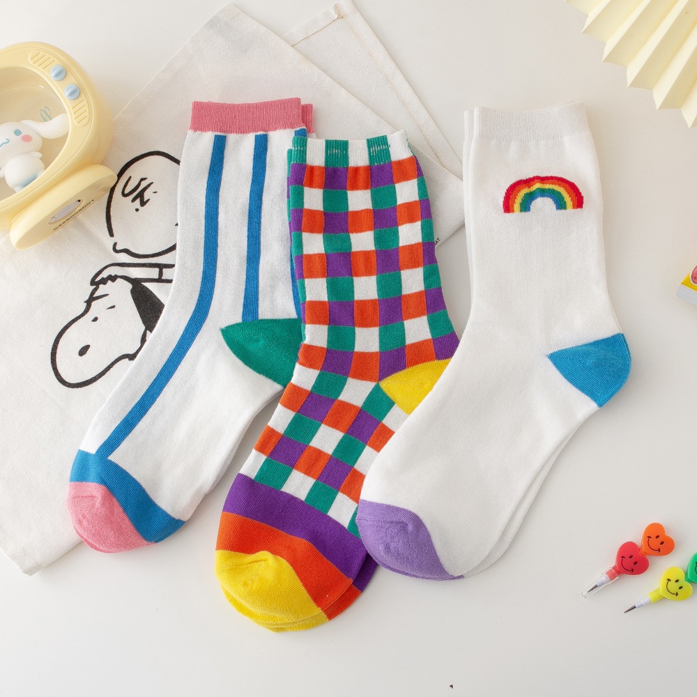 BACK2LIFE Harajuku Style Rainbow Socks Funny Hosiery Women Cotton Socks New Streetwear Rainbow Grid Long Girls Stripe Kawaii Socks white/blue/multicolor