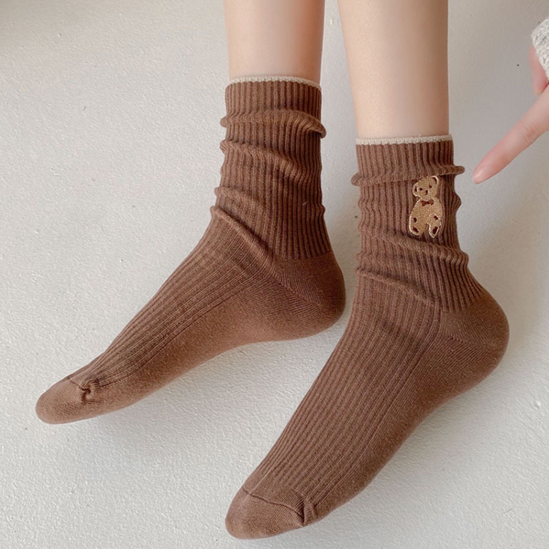 Set 10 đôi tất nữ cổ cao vải cotton thêu hình chú gấu hoạt hình phong cách Hàn Quốc