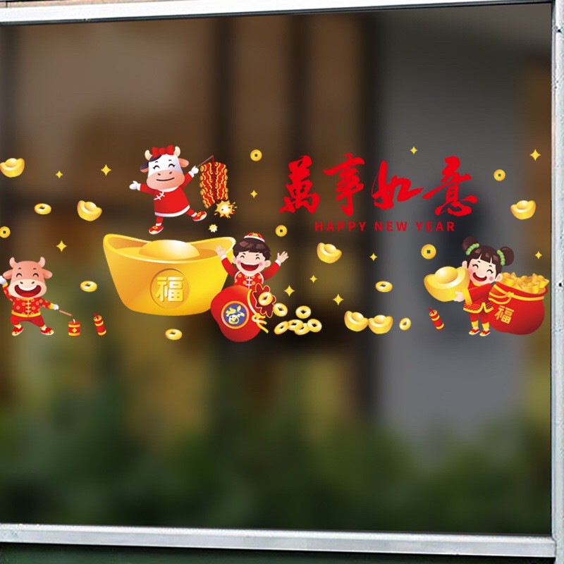 Decal Tết HÍT TĨNH ĐIỆN không dơ kính - 2 Em Bé vui chơi thổi vàng lớn