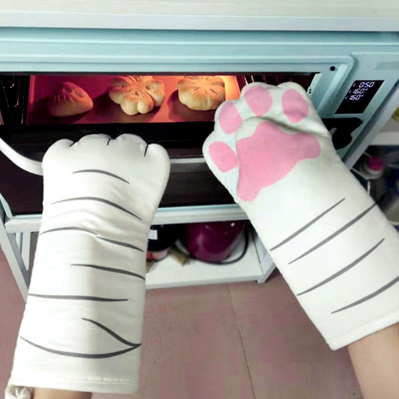 Aoto Găng Tay Làm Bếp Bằng Cotton Chống Trượt Chịu Nhiệt Hình Dấu Chân Mèo