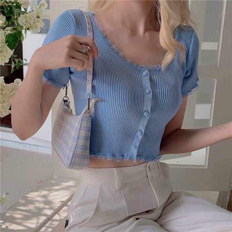 [ YỂU ĐIỆU ] ÁO CROPTOP NỮ KIỂU LỬNG NỮ CÀI NÚT PHỐI REN NGỰC TAY LAI MÀU TRẮNG ĐEN XANH MÁT MẺ THỜI TRANG CAO CẤP NITI