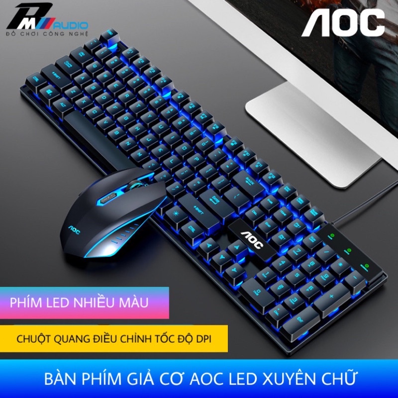 Bàn Phím Máy Tính Laptop Có Dây Led Xuyên Chữ AOC KB121 Và Chuột Chơi Game Có Led Giá Rẻ Bền Đẹp Bảo hành Lỗi 1 Đổi 1