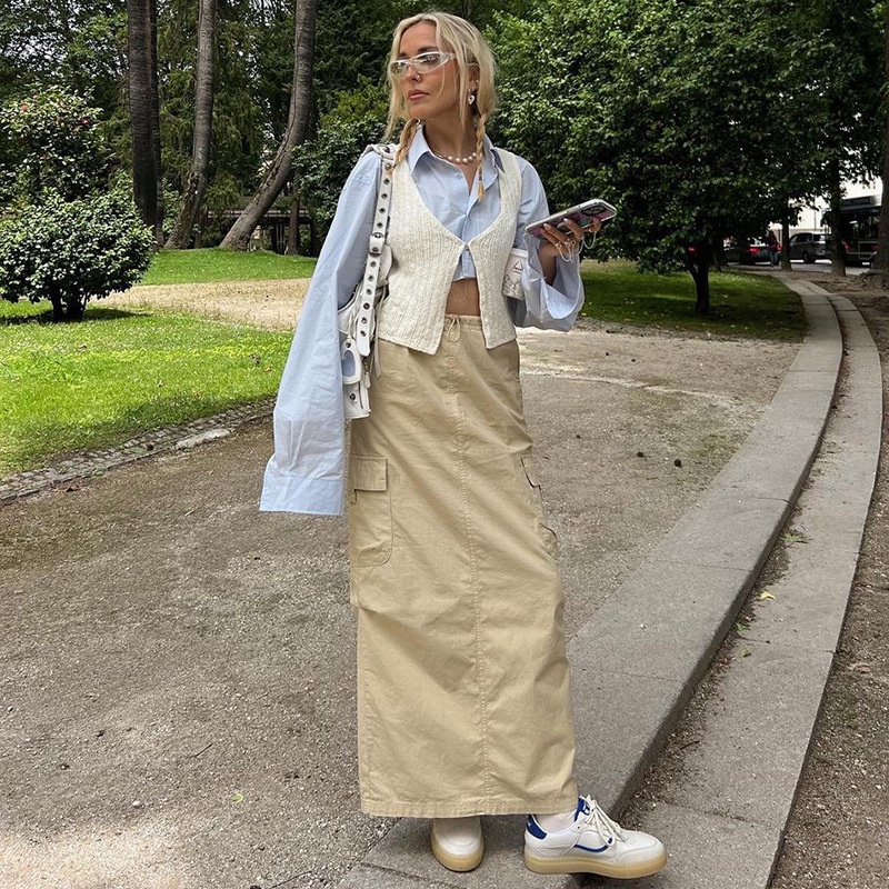 Chân Váy Dài Dáng Rộng Lưng Cao Phối Túi Xẻ Tà Thời Trang Dành Cho Nữ