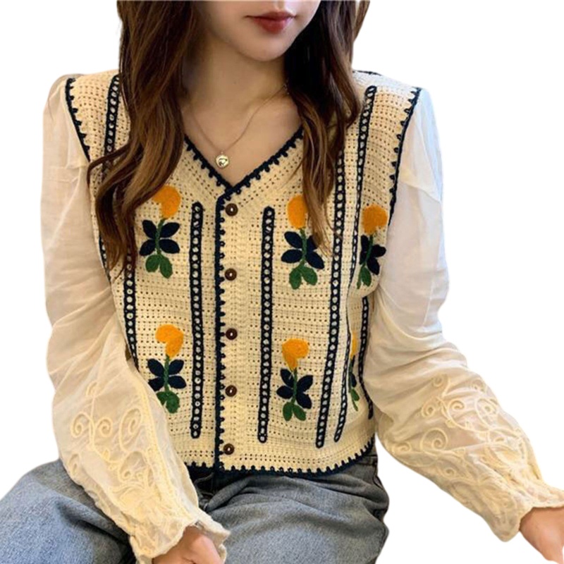 Áo Khoác Cardigan Chiffon Tay Dài Kẻ Sọc Thêu Hoa Xinh Xắn Cho Nữ