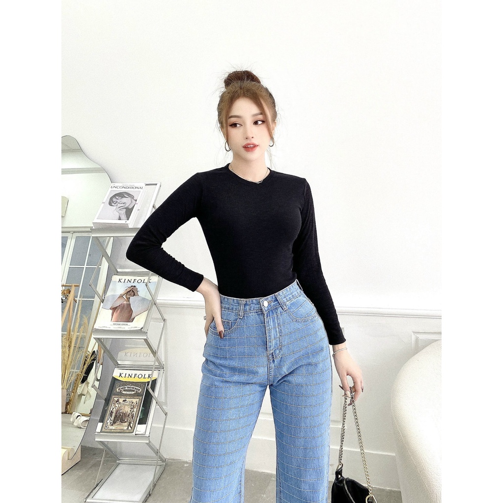 Áo thun body tay dài cổ tròn nữ CRAZYTEEN dáng dài AT0206