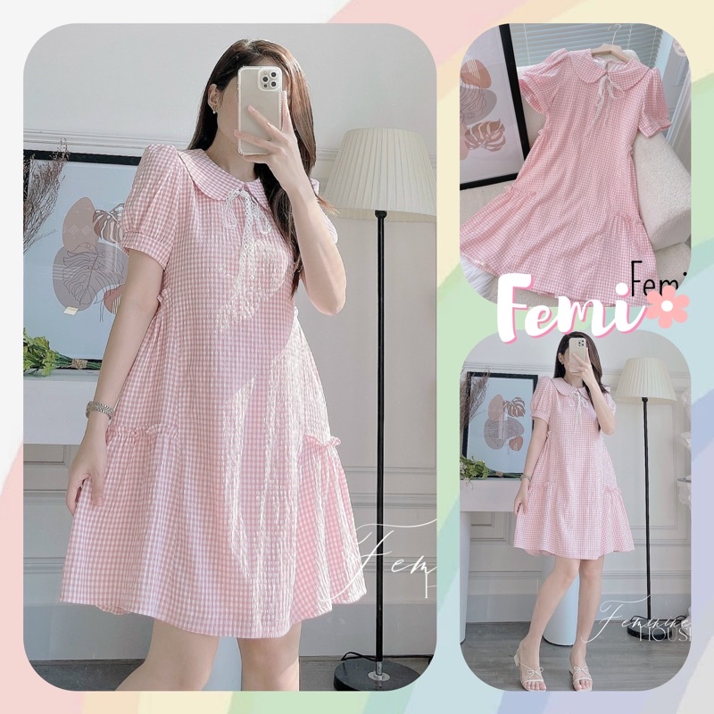 Đầm Caro Nơ Cổ, đầm kẻ viền ren, đầm caro hồng, váy kẻ form babydoll, đầm babydoll.