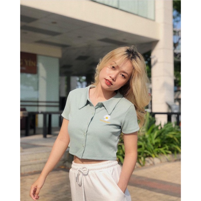 Áo Thun Croptop Polo Thêu Hoa Cúc Daisy