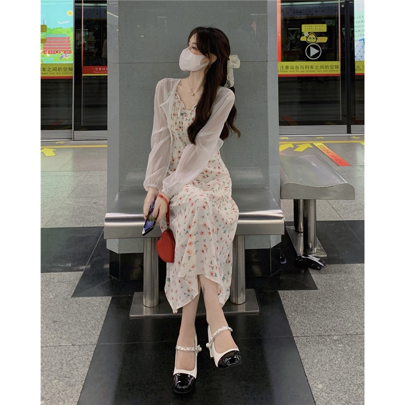 Váy Hai Dây Hoa Nhí, Đầm Hai Dây Hoa Nhí + Áo Khoác Cardigan Mỏng Phong Cách Hàn Quốc | BigBuy360 - bigbuy360.vn