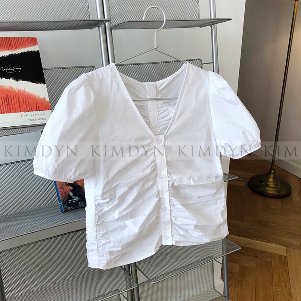 Áo croptop tay phồng Hàn Quốc áo sơ mi kiểu nhún 3 màu KimDyn