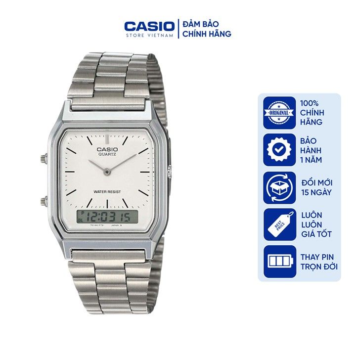Đồng hồ Unisex Casio AQ-230A-7DMQ, đồng hồ chính hãng, silver gạch, mặt trắng