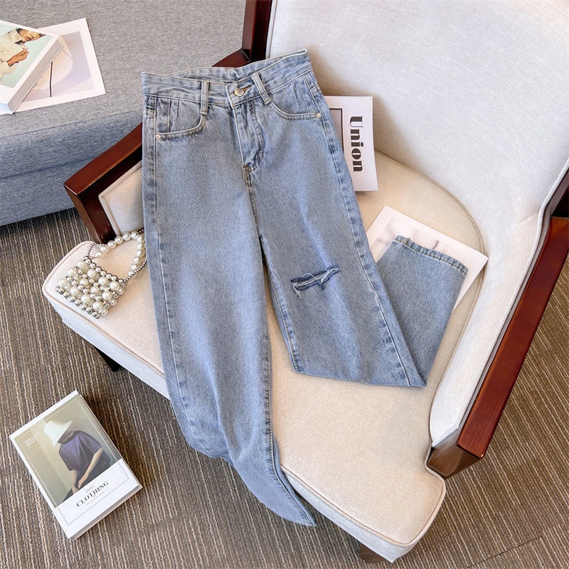 Quần Jean Dài Lưng Cao Co Giãn Tốt Phối Rách Cá Tính