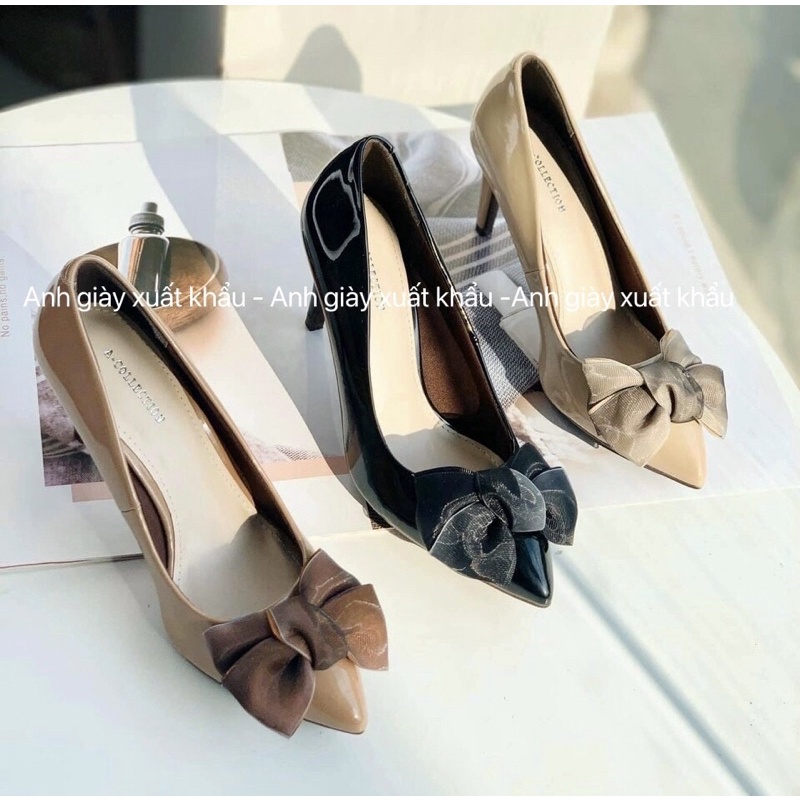 CG70 - Giày cao gót da bóng gót nhọn 7p nơ lụa to cực xinh ( ảnh thật, kèm video)