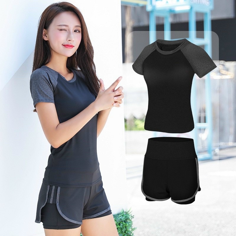 Bộ đồ tập Gym nữ áo thun và quần đùi 2 lớp thể thao chạy bộ trẻ trung co dãn W036