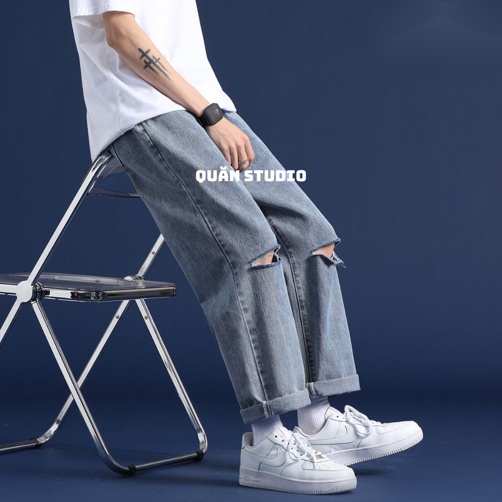 Quần Baggy Nam Rách Gối Quăn Studio - Quần Jean Nam Màu Xanh Vừa Rách Gối 1 Form Chuẩn Hàn Quốc QRG02