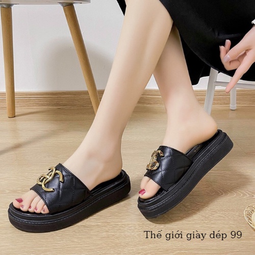 Dép nữ chaner quai ngang đế cao 5cm siêu nhẹ có 2 màu đen và trắng xinh xắn