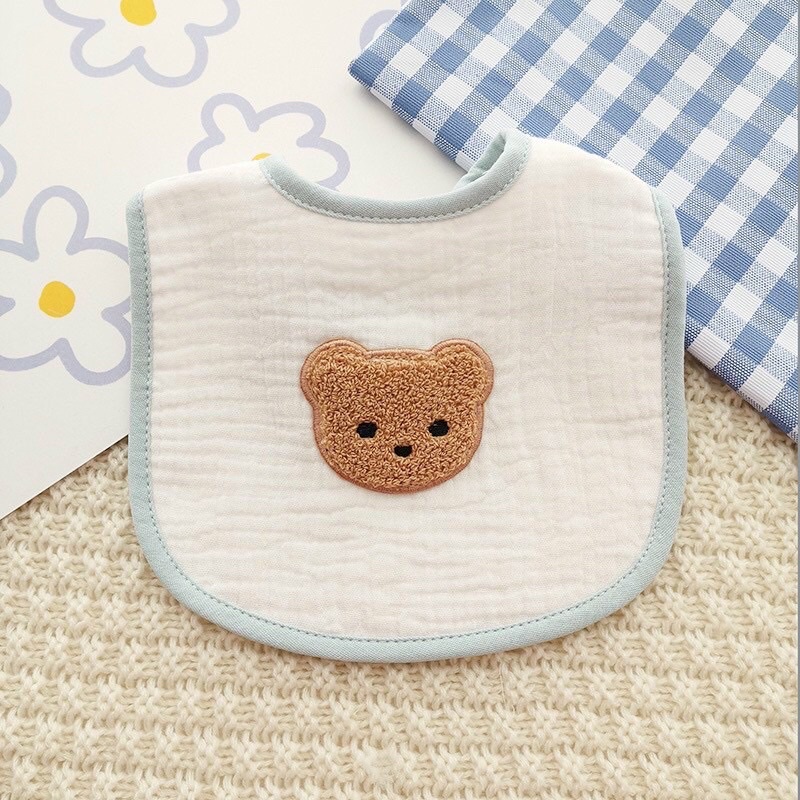 Yếm dãi xô Muslin họa tiết gấu thỏ phong cách hàn, yếm đeo cổ thời trang chất liệu hữu cơ cho bé quàng ấm cổ, bé ăn dặm