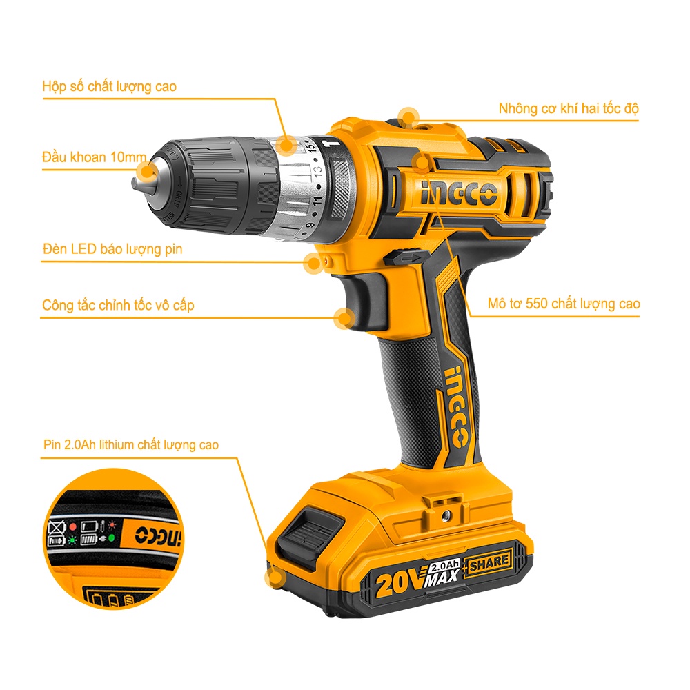 Máy khoan pin 20V (3 chức năng có búa) INGCO CIDLI200215 (2 pin &amp; sạc nhanh) - Hộp nhựa