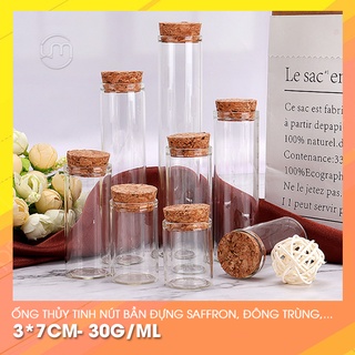 3*7cm- Ống thủy tinh nút bần đáy bằng đựng saffron, đông trùng hạ thảo,...