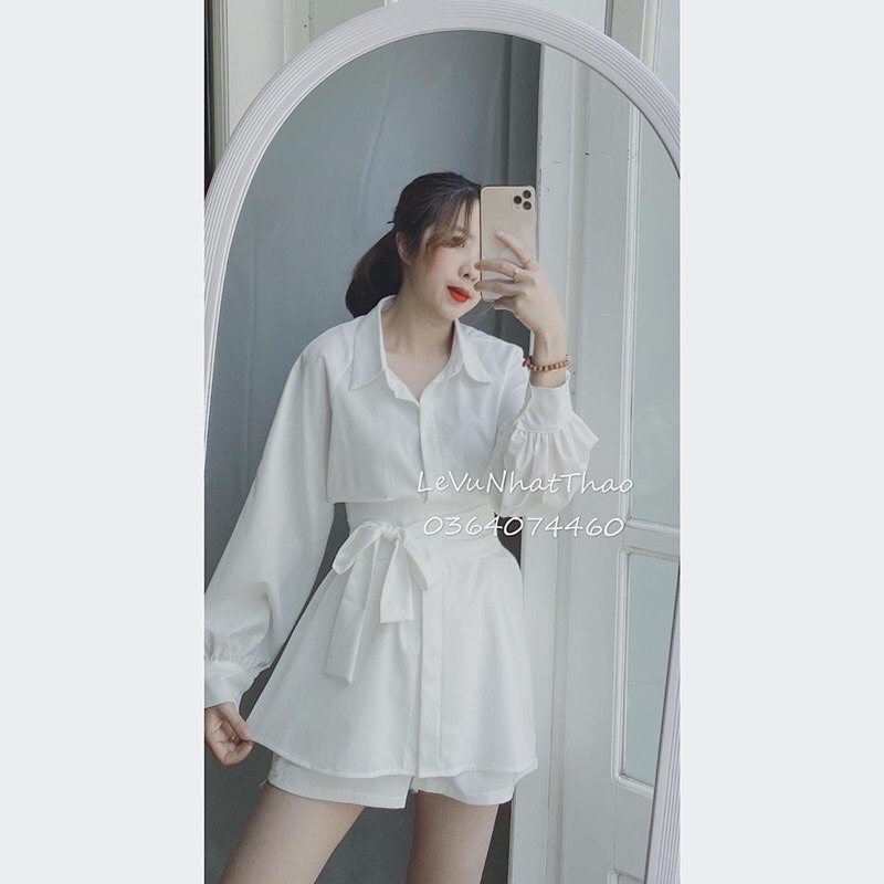 Sét đồ nữ sang chảnh cá tính mix áo sơ mi kèm đai bản to lồng dây và quần đùi