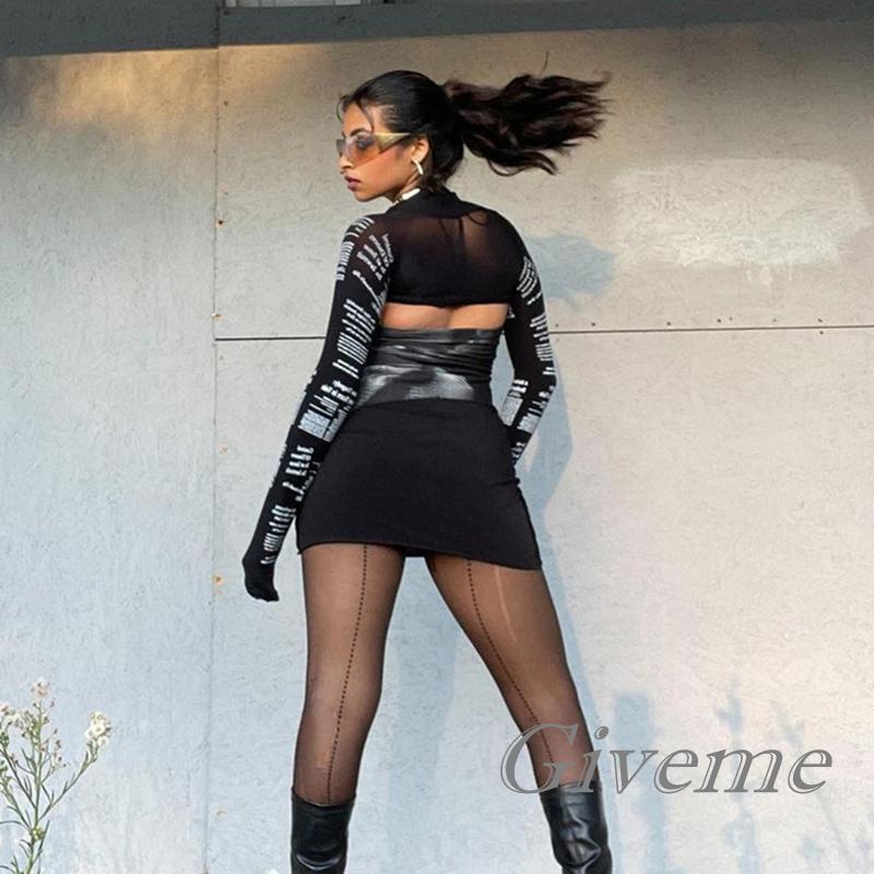 Set 2 Áo Croptop Tay Dài Phối Lưới In Chữ Độc Đáo Thời Trang Cho Nữ