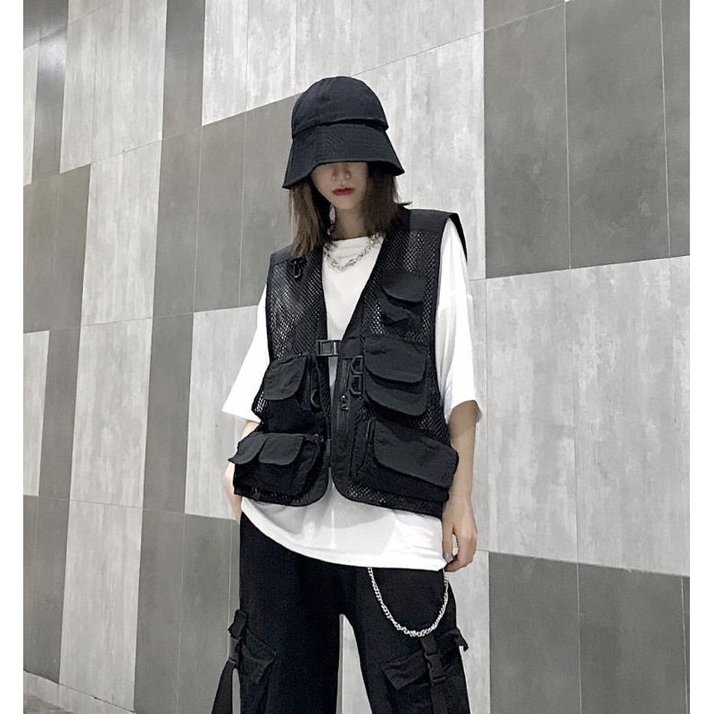 Áo Vest Phối Lưới Nhiều Túi Phong Cách Hip Hop Cá Tính 2021ins