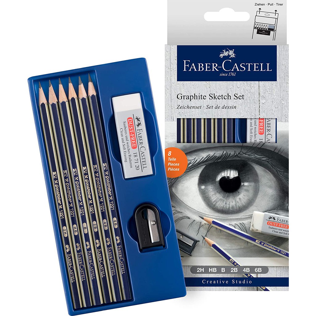 BỘ 6 CÂY BÚT CHÌ PHÁC THẢO CAO CẤP FABER CASTELL KÈM GÔM, CHUỐT (SKETCH GOLDFABER)