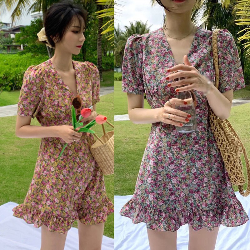 Đầm Tay Ngắn Hoạ Tiết Hoa Thiết Kế Cổ Chữ V Nữ Tính | BigBuy360 - bigbuy360.vn