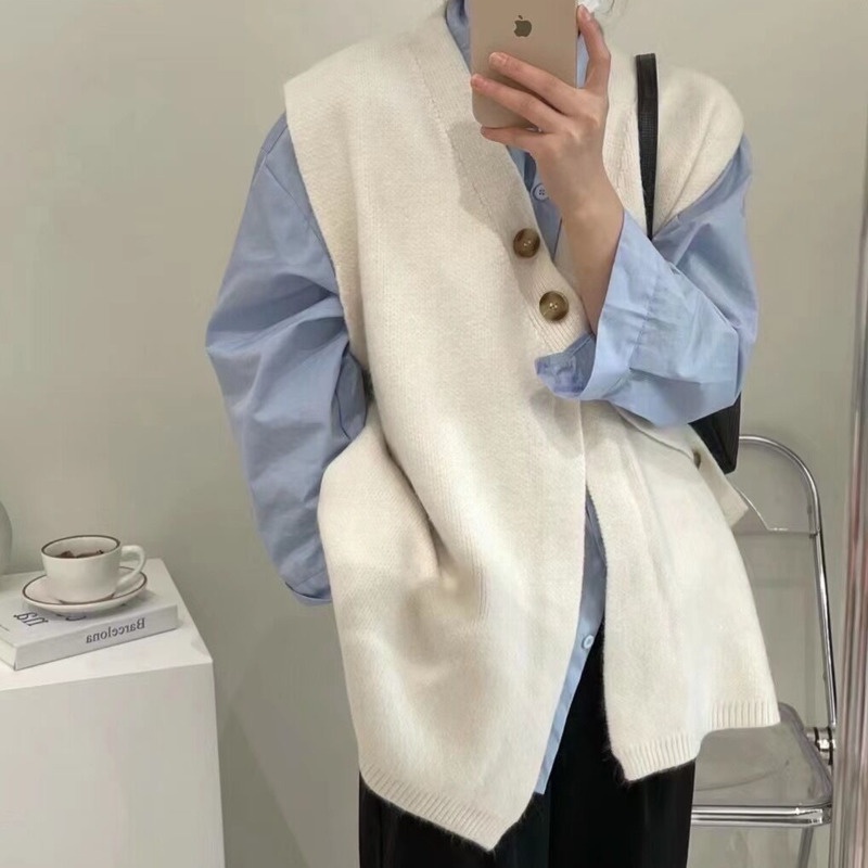 Áo Sweater Dệt Kim Không Tay Màu Trơn Cài Nút Thời Trang Mùa Thu Phong Cách Hàn Quốc Cho Nữ