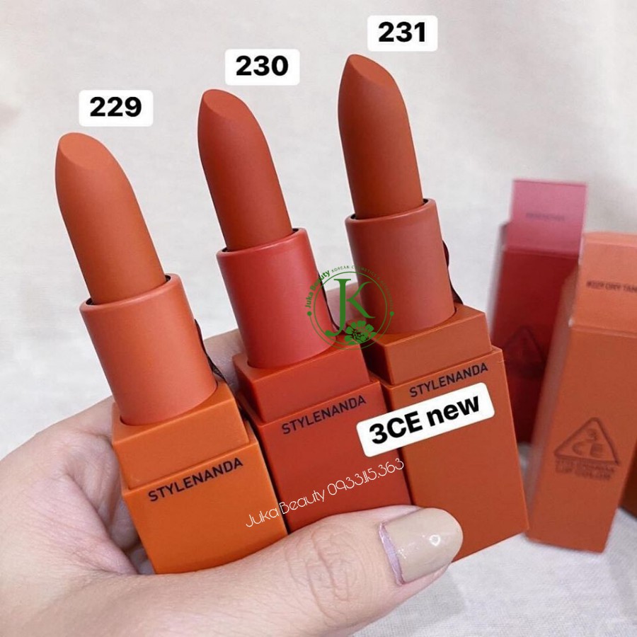 (CAM KẾT AUTH, TEM HIDDEN TAG) Son thỏi lì 3CE Matte Lip Color #229 Dry Tangerine Màu Vỏ Quýt Khô