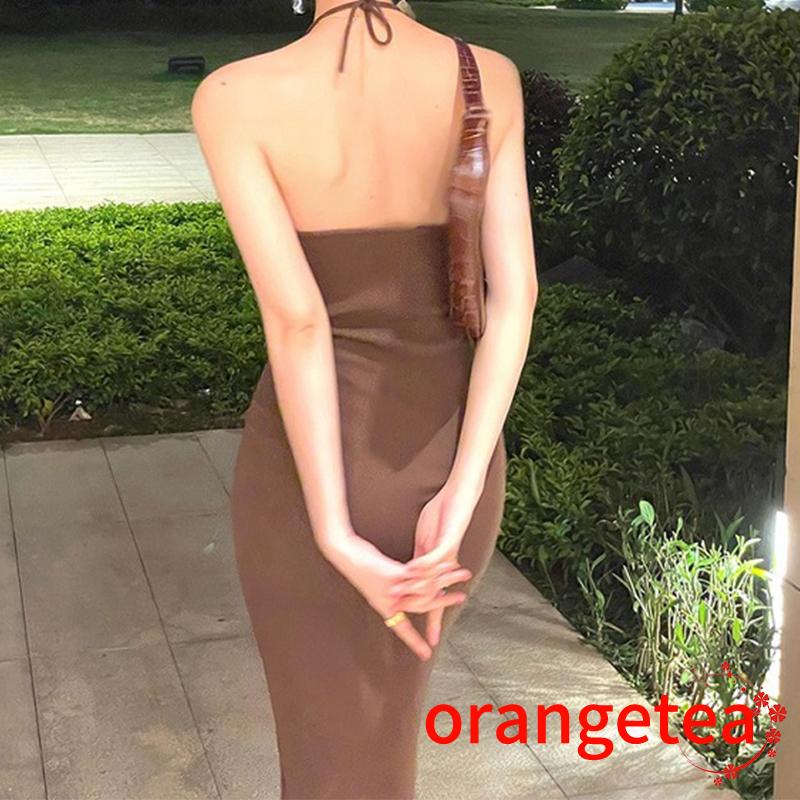 Women Summer Bandage Halter Dress Charming Solid Color Sleeveless Backless Long Evening Gowns