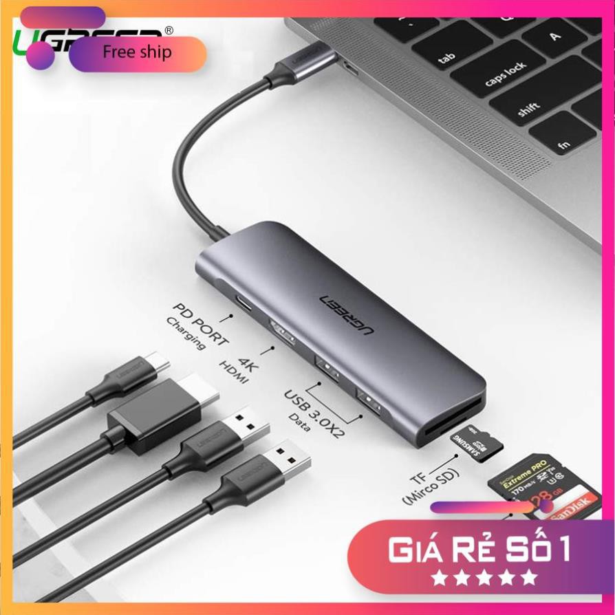 Cáp Ugreen Usb-C 6 in 1 Sang HDMI 4K,2 USB 3.0 Ports,SD/TF Card Reader,100W PD 70411 chính hãng bh 18tháng