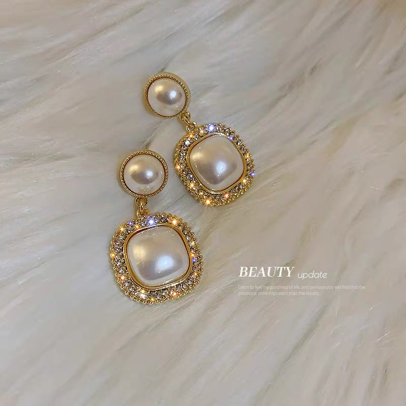 Bông Tai Mạ Bạc 925 Hình Vuông Đính Đá Ngọc Trai Phong Cách Pháp Đơn Giản Thời Trang