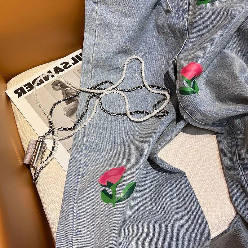 Quần Jean Ống Suông Họa Tiết Hoa Hồng Nhỏ Phong Cách Nhật Bản Thời Trang Cho Nữ 2022