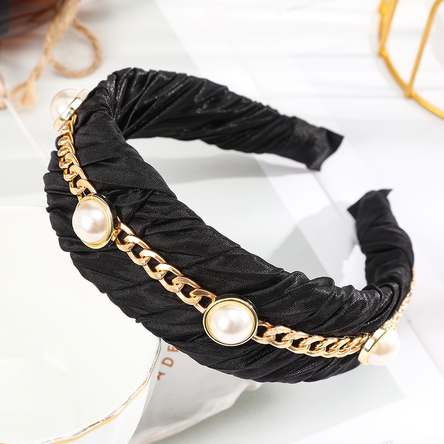 Băng đô cài tóc bản rộng xếp nếp màu trơn phối hạt ngọc trai nhân tạo phong cách Hàn Quốc thời trang dành cho nữ