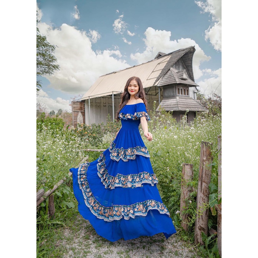 Đầm maxi thổ cẩm BOHO đi biển bẹt vai họa tiết nhíu tầng cá tính dã ngoại phong cách XUKA-DRESS DT05(hình thật tự chụp)