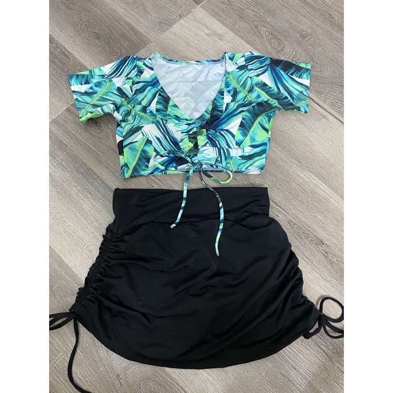 Đồ bơi nữ kín đáo váy rút dây sành điệu- Bikini đi biển 2 mảnh áo tay ngắn trẻ trung- shopnabi