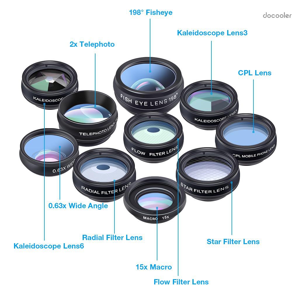 Bộ Lens Máy Ảnh Điện Thoại 10 Trong 1 0.63x + Kính Lọc + Kính Lọc + 15x Macro + 198 6