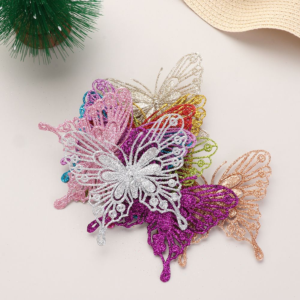 MIOSHOP 1pc Artificial Gold Powder Butterfly Christmas Tree Decorations Glitter Plastic Ornaments