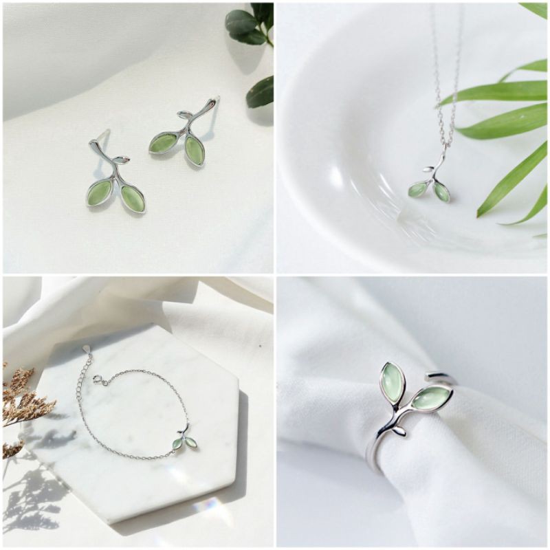 Nhẫn/ dây chuyền/ lắc/bông tay 2 lá - mạ bạc 925 bền màu