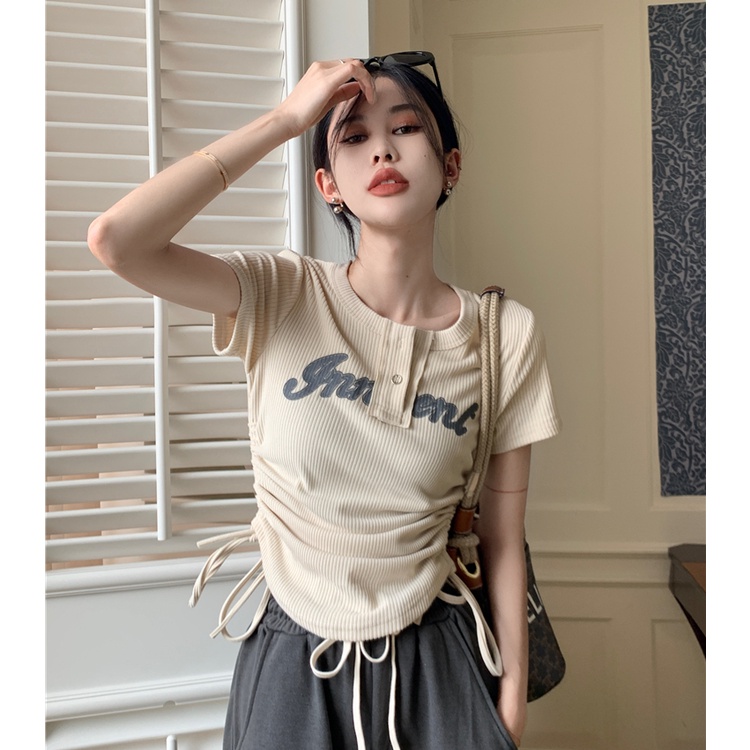 QKOOLE Áo thun  ngắn tay cổ tròn thời trang Hàn Quốc cho nữ